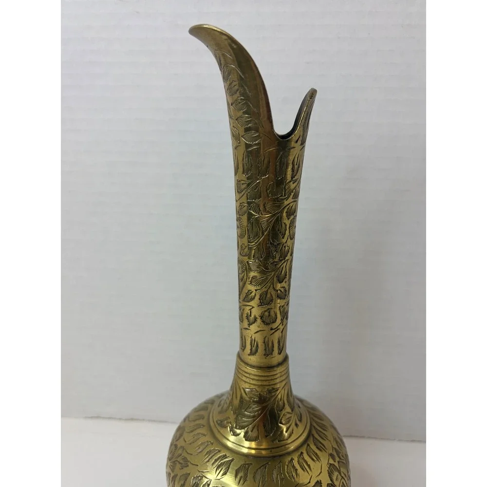 Vintage World Gift India Etched Brass Bud Vase Floral Long Neck 10.5 Inch Gold